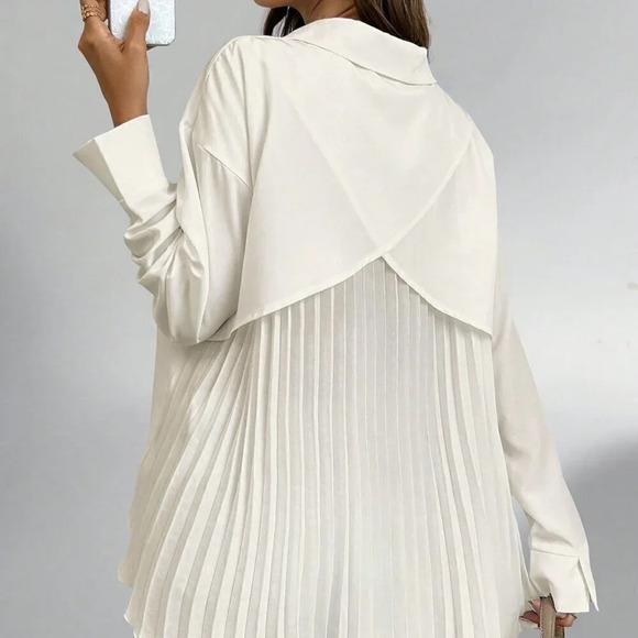 Apricot Casual Women's Solid Color Drop Shoulder Long Sleeve Back Pleated Shirt - Picture 5 of 5